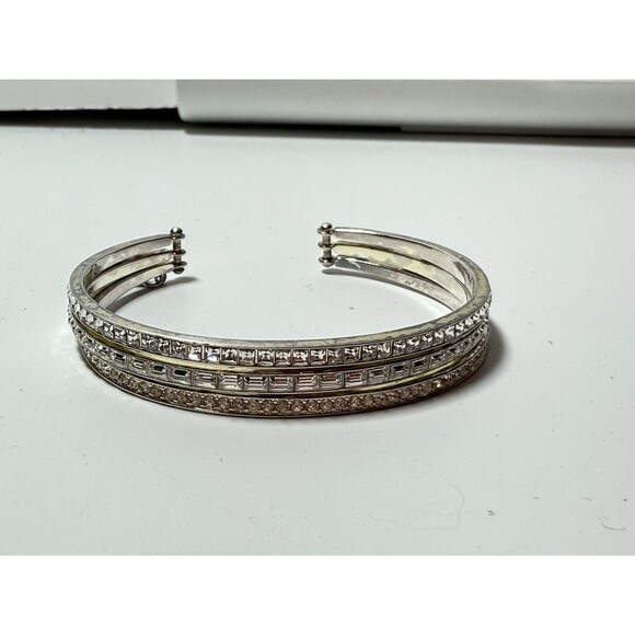 Juicy Couture 3 Layer Silver Tone Rhinestone Crystal Cuff Bracelet - Picture 6 of 9